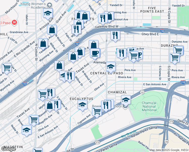 map of restaurants, bars, coffee shops, grocery stores, and more near 2217 Bassett Avenue in El Paso