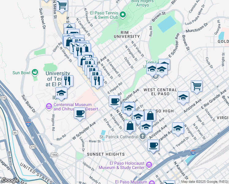 map of restaurants, bars, coffee shops, grocery stores, and more near 1800 North Stanton Street in El Paso
