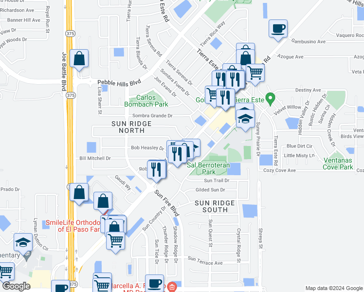 map of restaurants, bars, coffee shops, grocery stores, and more near 12436 Robert Dahl Drive in El Paso