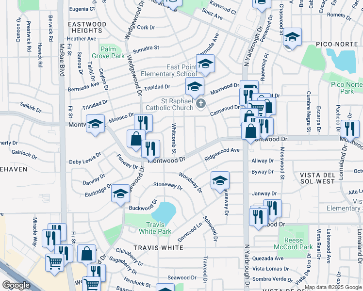 map of restaurants, bars, coffee shops, grocery stores, and more near 2113 Woodside Drive in El Paso