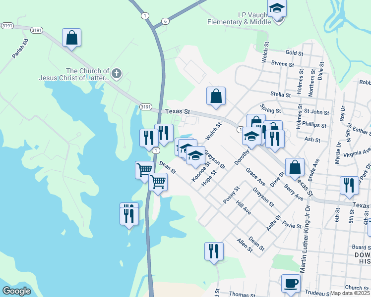 map of restaurants, bars, coffee shops, grocery stores, and more near 1600 Meadows Drive in Natchitoches