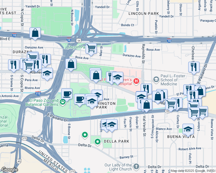 map of restaurants, bars, coffee shops, grocery stores, and more near 4412 Alameda Avenue in El Paso