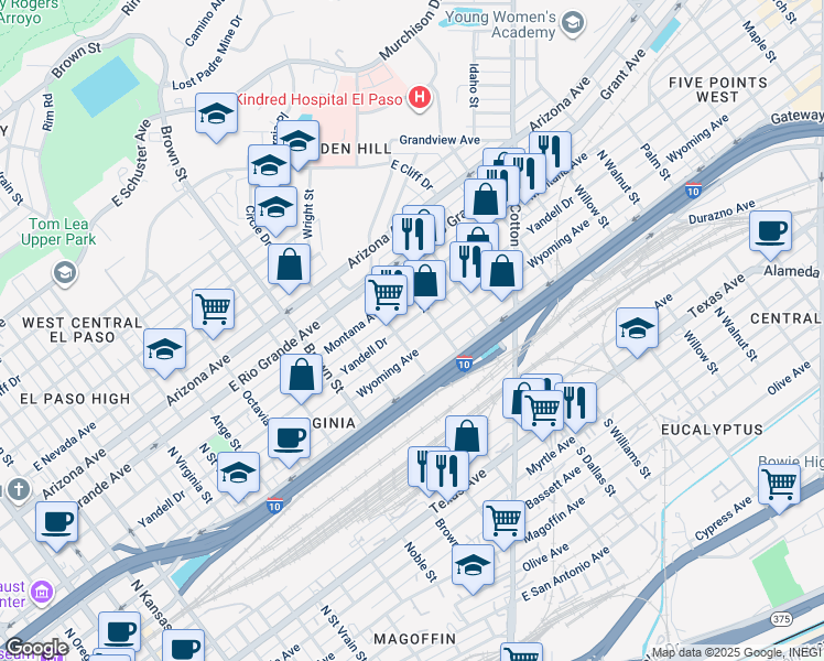 map of restaurants, bars, coffee shops, grocery stores, and more near 1512 Yandell Drive in El Paso