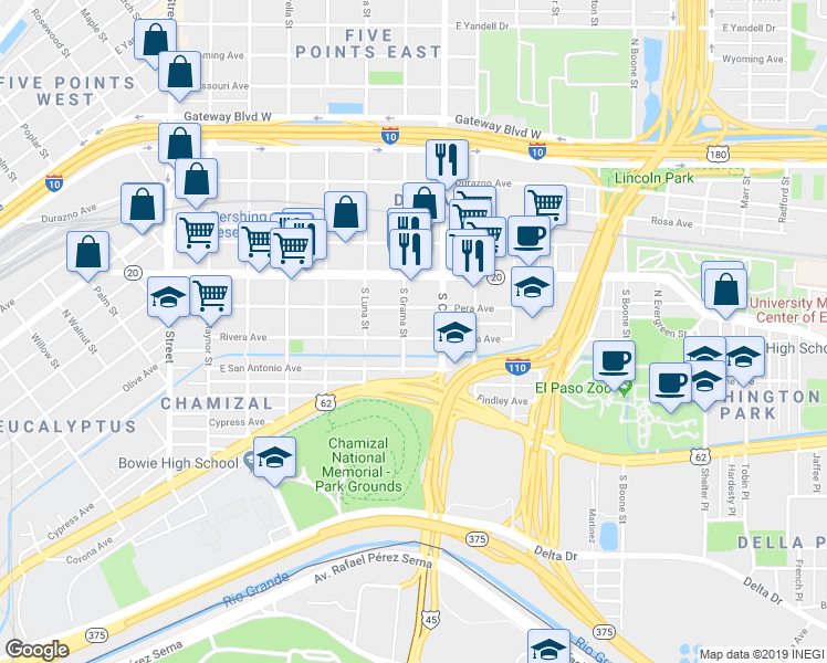 map of restaurants, bars, coffee shops, grocery stores, and more near 3505 Rivera Avenue in El Paso