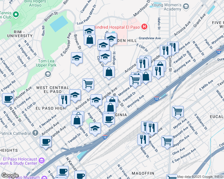 map of restaurants, bars, coffee shops, grocery stores, and more near 1301 East Rio Grande Avenue in El Paso