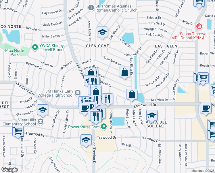 map of restaurants, bars, coffee shops, grocery stores, and more near 11012 Tom Weiskopf Drive in El Paso