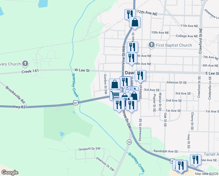 map of restaurants, bars, coffee shops, grocery stores, and more near 282 3rd Avenue Southwest in Dawson