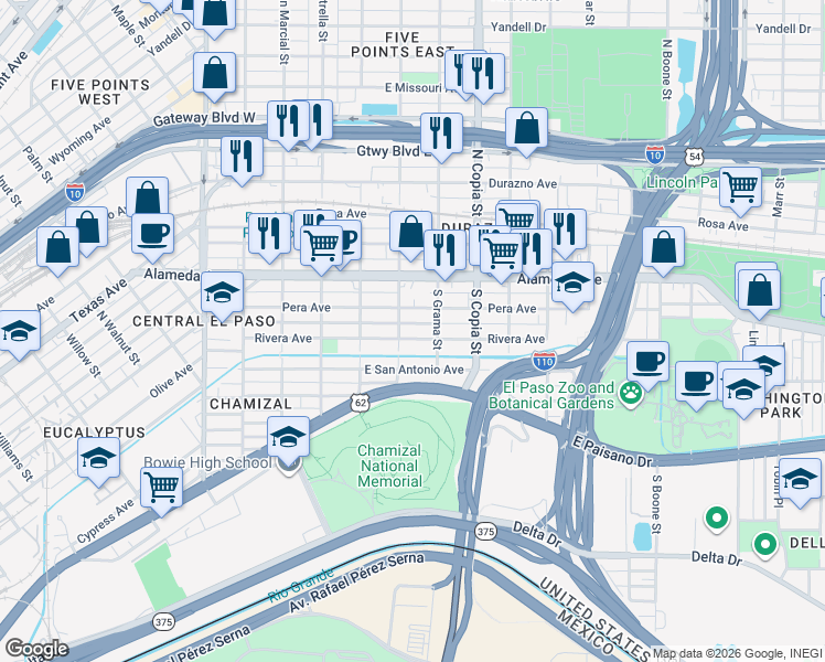 map of restaurants, bars, coffee shops, grocery stores, and more near 3411 Rivera Avenue in El Paso