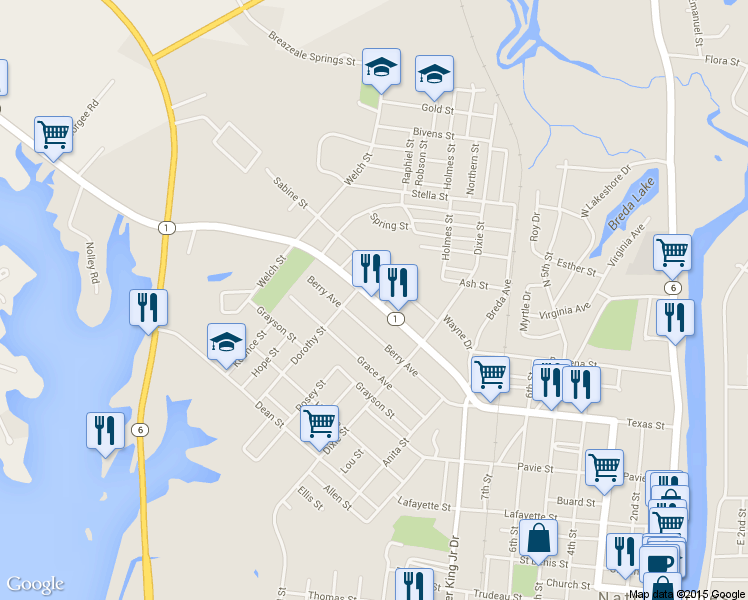 map of restaurants, bars, coffee shops, grocery stores, and more near 1433 Texas St in Natchitoches