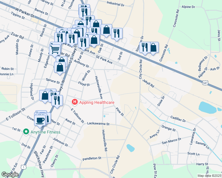 map of restaurants, bars, coffee shops, grocery stores, and more near 168 Pine Street in Baxley