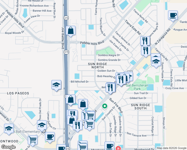 map of restaurants, bars, coffee shops, grocery stores, and more near 12285 Bob Heasley Drive in El Paso