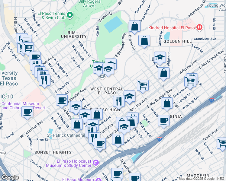 map of restaurants, bars, coffee shops, grocery stores, and more near 1411 North Saint Vrain Street in El Paso