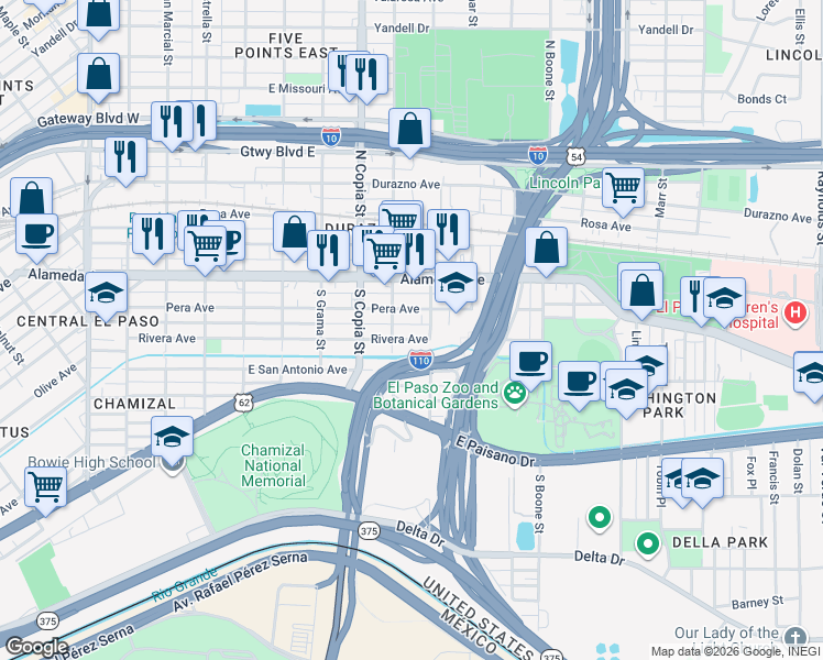 map of restaurants, bars, coffee shops, grocery stores, and more near 3715 Rivera Avenue in El Paso