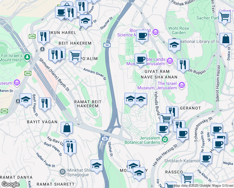 map of restaurants, bars, coffee shops, grocery stores, and more near Yesha'yahu Leibowitz in Jerusalem