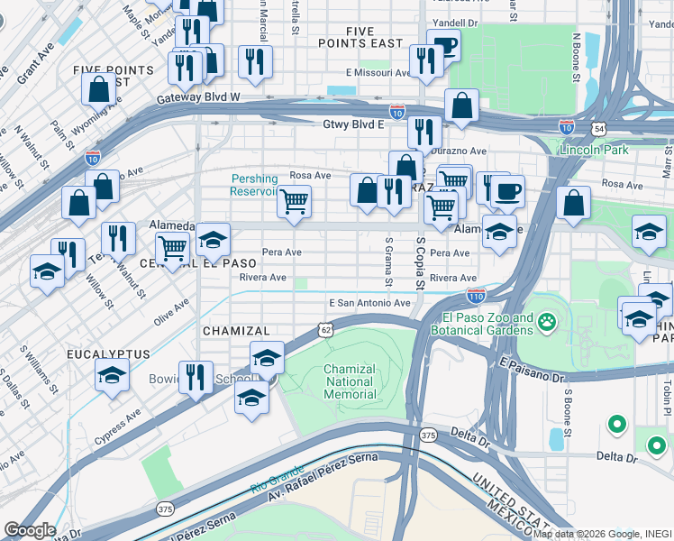 map of restaurants, bars, coffee shops, grocery stores, and more near 3309 Rivera Avenue in El Paso