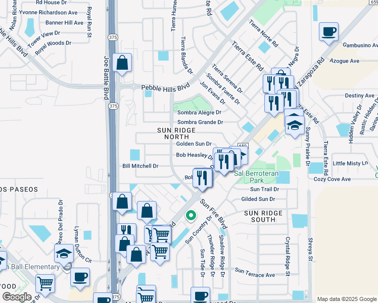 map of restaurants, bars, coffee shops, grocery stores, and more near 12341 Bob Heasley Drive in El Paso