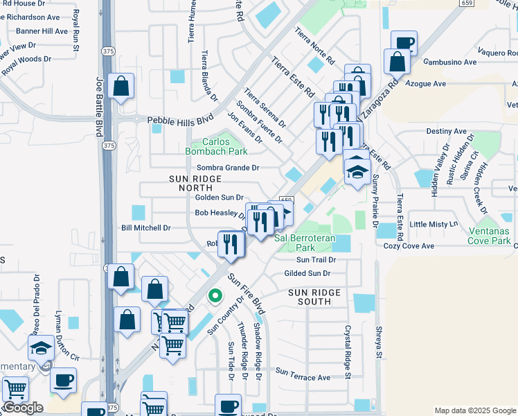 map of restaurants, bars, coffee shops, grocery stores, and more near 12433 Robert Dahl Drive in El Paso
