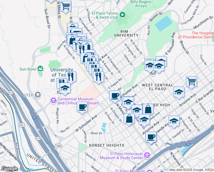 map of restaurants, bars, coffee shops, grocery stores, and more near 1901 North Mesa Street in El Paso