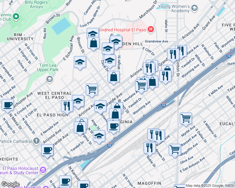 map of restaurants, bars, coffee shops, grocery stores, and more near 1301 East Rio Grande Avenue in El Paso