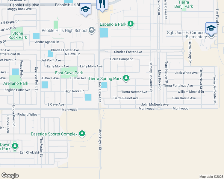 map of restaurants, bars, coffee shops, grocery stores, and more near John Hayes Street in El Paso