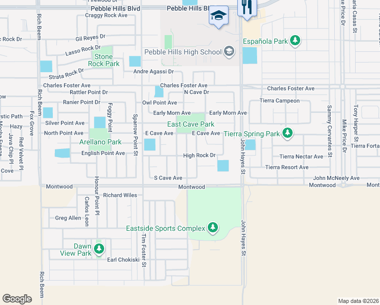 map of restaurants, bars, coffee shops, grocery stores, and more near 2300 Honey Dew in El Paso