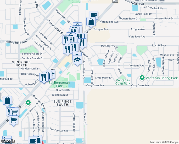 map of restaurants, bars, coffee shops, grocery stores, and more near 12705 Cozy Creek Drive in El Paso
