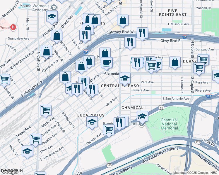 map of restaurants, bars, coffee shops, grocery stores, and more near 2311 Magoffin Avenue in El Paso