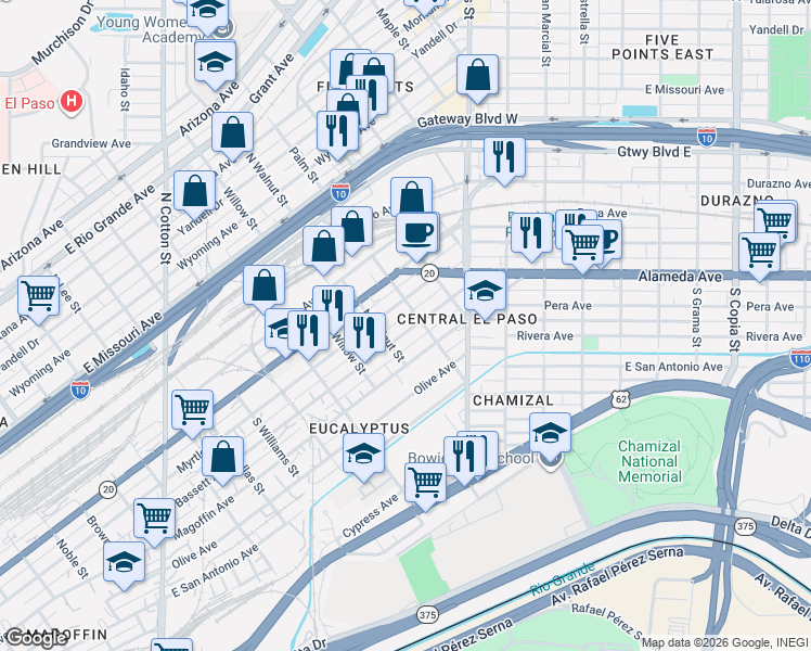 map of restaurants, bars, coffee shops, grocery stores, and more near 2217 Bassett Avenue in El Paso