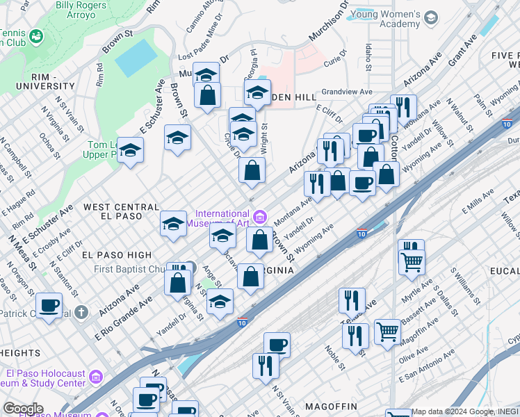 map of restaurants, bars, coffee shops, grocery stores, and more near 1301 East Rio Grande Avenue in El Paso
