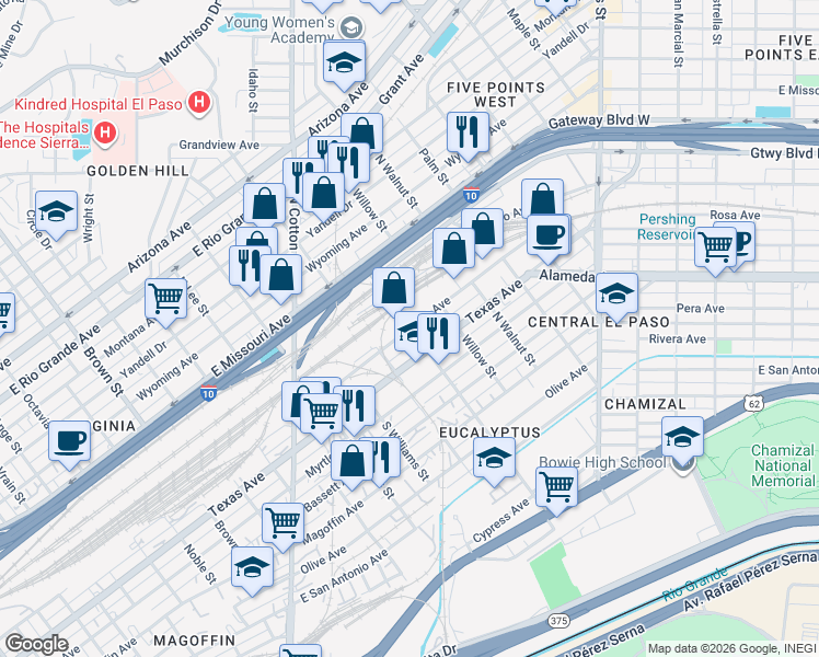 map of restaurants, bars, coffee shops, grocery stores, and more near 1999 East Mills Avenue in El Paso