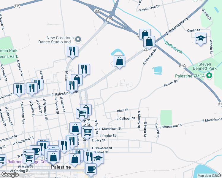 map of restaurants, bars, coffee shops, grocery stores, and more near 912 Head Street in Palestine