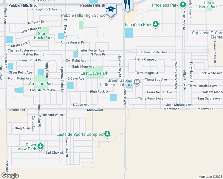 map of restaurants, bars, coffee shops, grocery stores, and more near 2300 Sun Seeker in El Paso