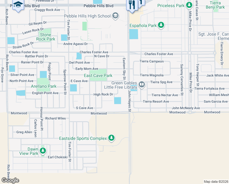 map of restaurants, bars, coffee shops, grocery stores, and more near 2300 Sun Seeker in El Paso