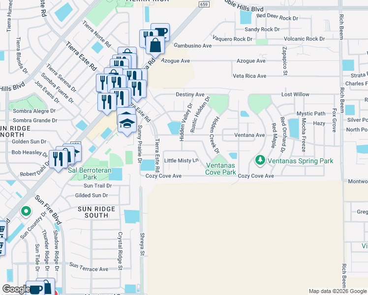 map of restaurants, bars, coffee shops, grocery stores, and more near 3149 Blue Dirt Circle in El Paso