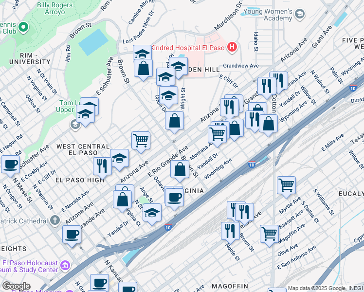 map of restaurants, bars, coffee shops, grocery stores, and more near 1309 East Rio Grande Avenue in El Paso