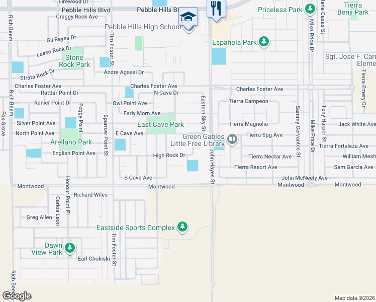 map of restaurants, bars, coffee shops, grocery stores, and more near 2300 Sun Seeker in El Paso