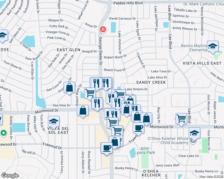 map of restaurants, bars, coffee shops, grocery stores, and more near 2005 Lake Omega Street in El Paso