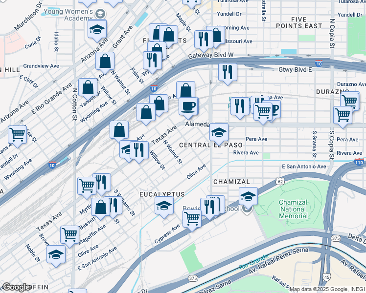 map of restaurants, bars, coffee shops, grocery stores, and more near 2217 Bassett Avenue in El Paso