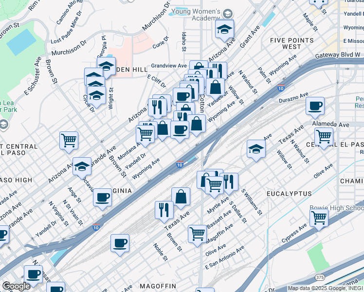 map of restaurants, bars, coffee shops, grocery stores, and more near 1606 Wyoming Avenue in El Paso