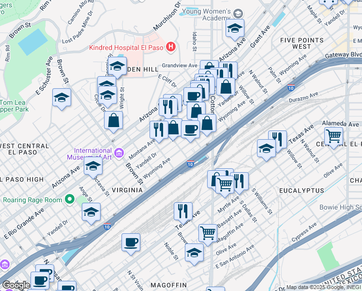 map of restaurants, bars, coffee shops, grocery stores, and more near 1606 Wyoming Avenue in El Paso