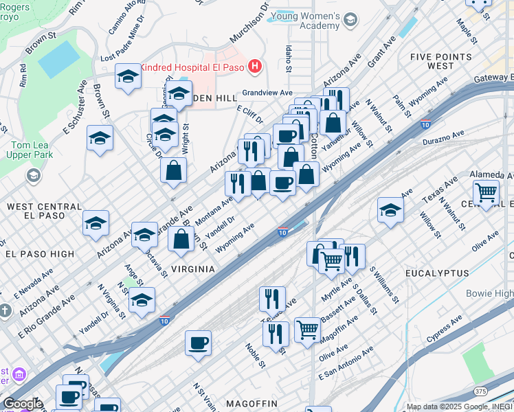 map of restaurants, bars, coffee shops, grocery stores, and more near 1512 Yandell Drive in El Paso