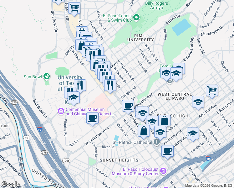 map of restaurants, bars, coffee shops, grocery stores, and more near 1901 North Mesa Street in El Paso