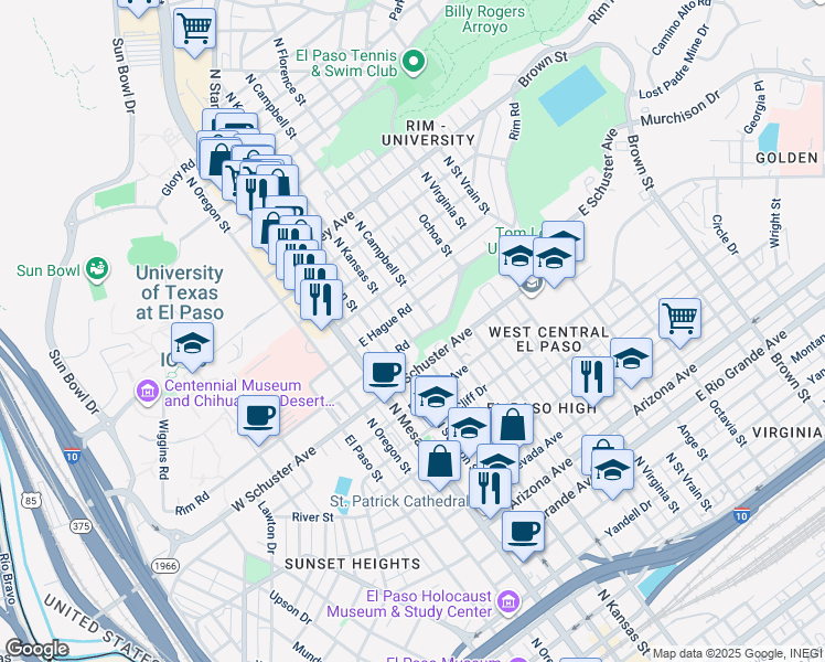 map of restaurants, bars, coffee shops, grocery stores, and more near 405 Rim Road in El Paso