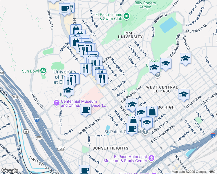 map of restaurants, bars, coffee shops, grocery stores, and more near 1901 North Mesa Street in El Paso