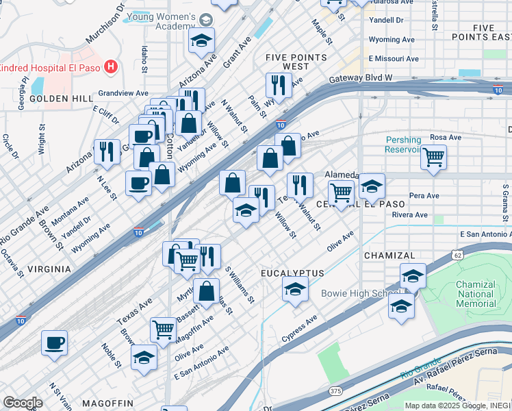 map of restaurants, bars, coffee shops, grocery stores, and more near 204 North Eucalyptus Street in El Paso