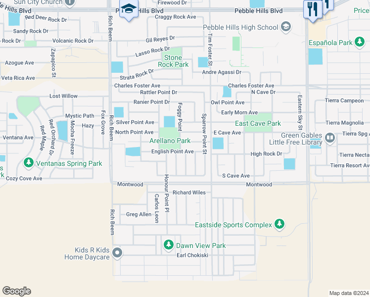 map of restaurants, bars, coffee shops, grocery stores, and more near 2248 Azure Point in El Paso