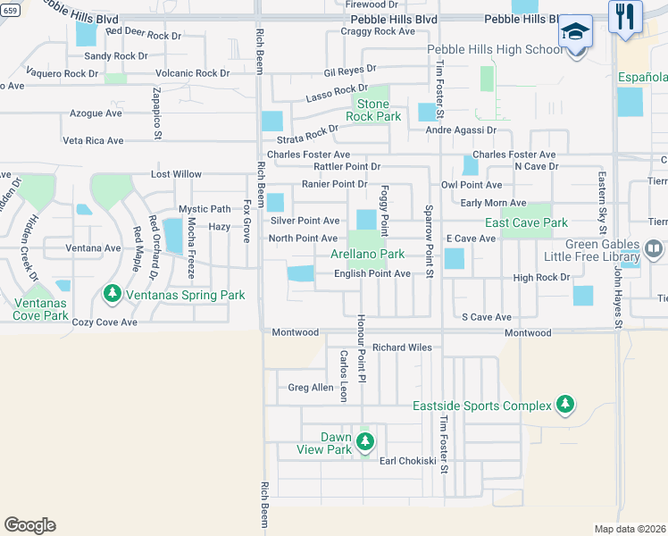 map of restaurants, bars, coffee shops, grocery stores, and more near 14230 English Point Avenue in El Paso