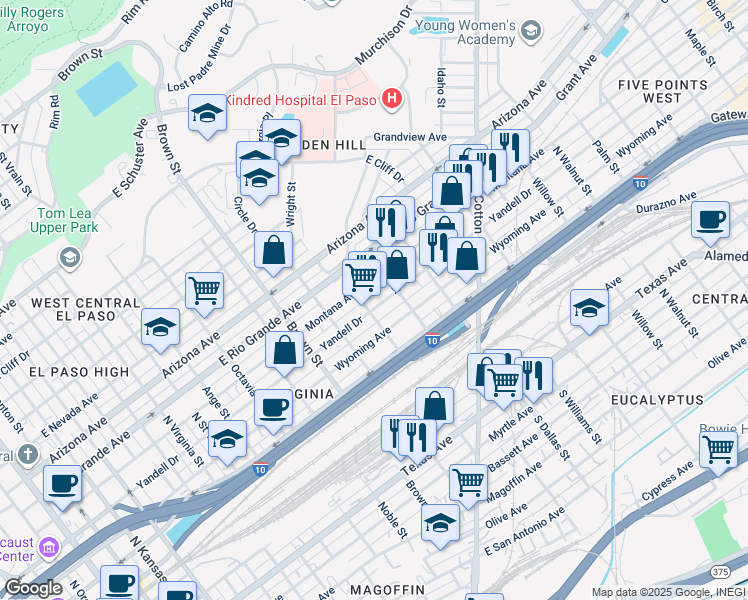 map of restaurants, bars, coffee shops, grocery stores, and more near 1512 Yandell Drive in El Paso