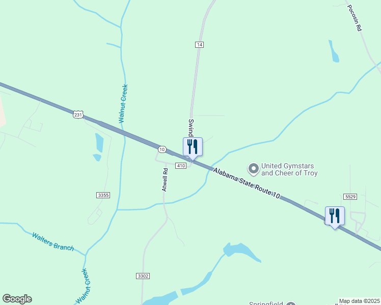 map of restaurants, bars, coffee shops, grocery stores, and more near 489 Swindall Road in Troy