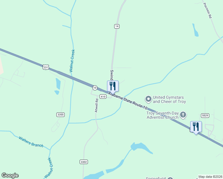 map of restaurants, bars, coffee shops, grocery stores, and more near 3050-3064 Highway 10 in Troy